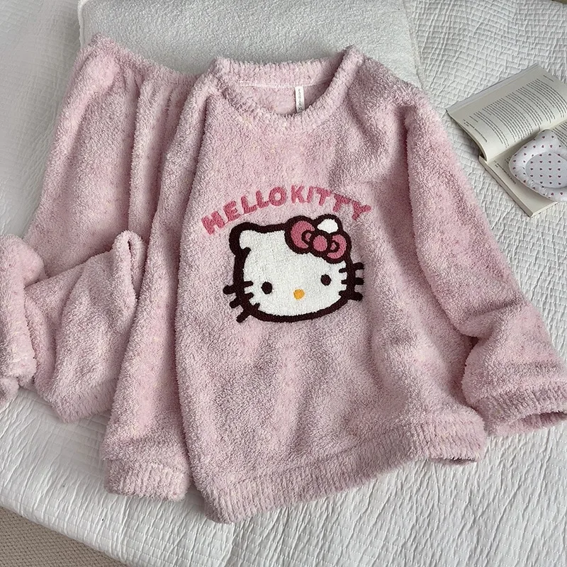 

Sanrio Hello Kitty Women's Pajamas Set New Half Fleece Plush Thickened Coral Fleece Winter Autumn Home Warm Sleepwear Loungewear
