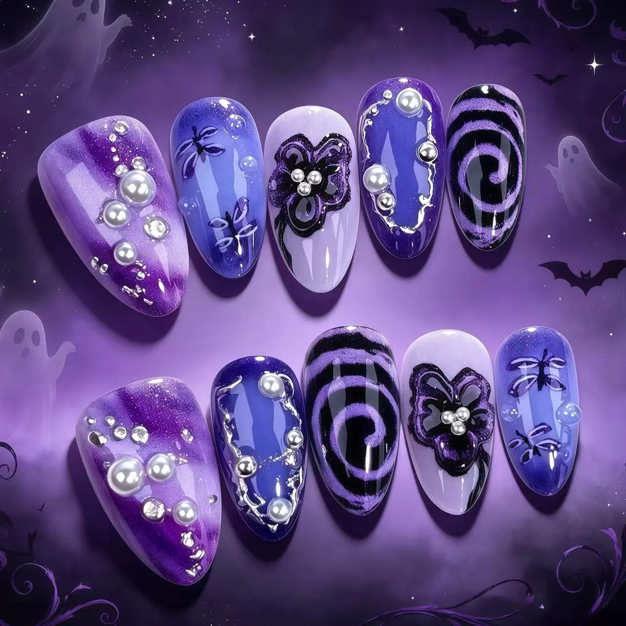 24pcs Halloween Pearl Black Almond Stick on Nail Art Gilded Dragonfly Flower Press on Fake Nails Set Purple Whirlpool False Nail