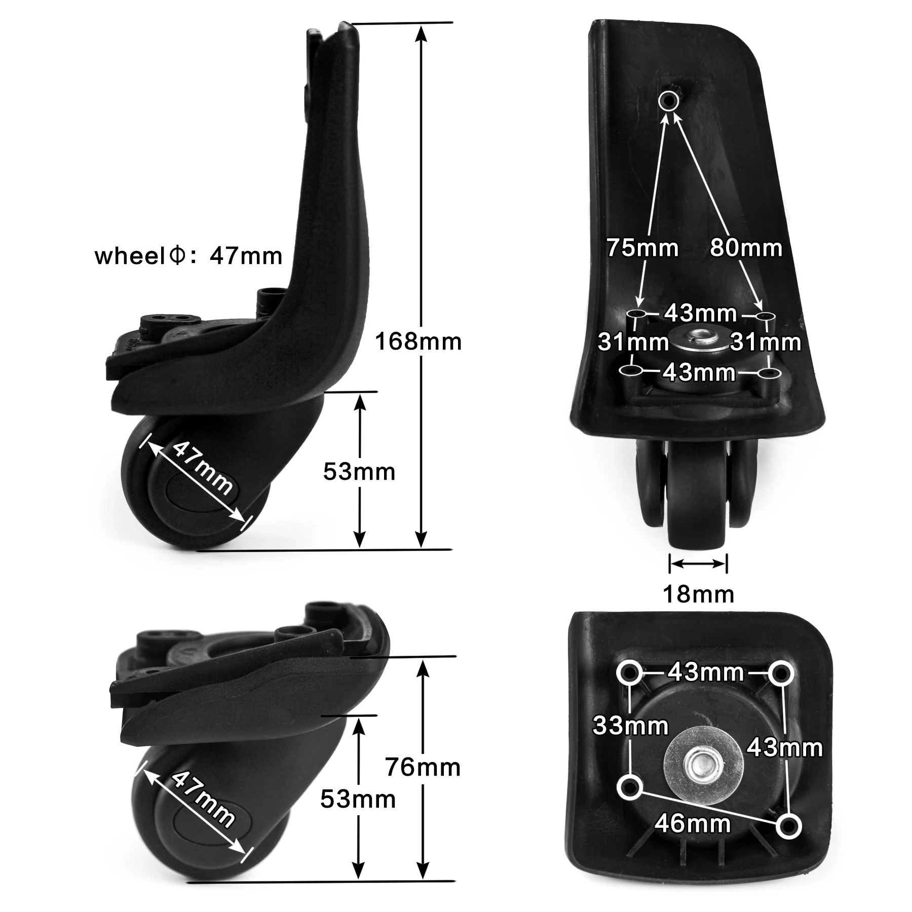 Substituição Mala de Bagagem Roda, Conjunto de Reparação, 360 Giratória, Destacável, Silencioso, Preto, Resistente ao Desgaste, ST0001