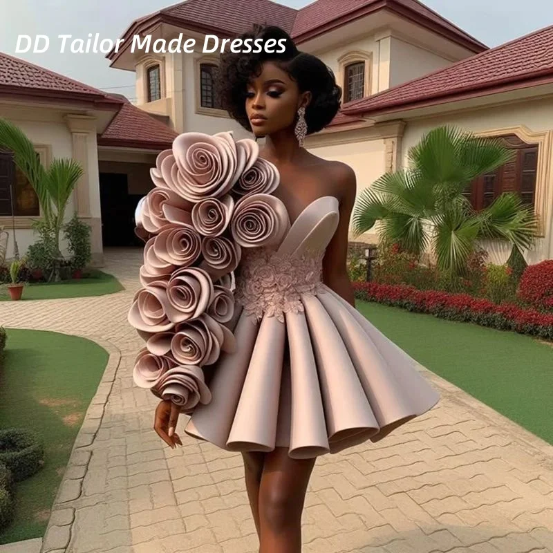 Flowers One Shoulder Short Prom Dress Pleats Satin A-Line Cocktail Party Gown Sweetheart Neckline Customized Birthday Occasion