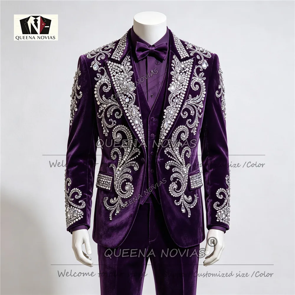 Exclusive Wedding Suit For Man Diamond Beaded Stones Velvet Prom Blazer Trousers 2 Piece Sets Suit Men Slim Fit Terno Masculinos