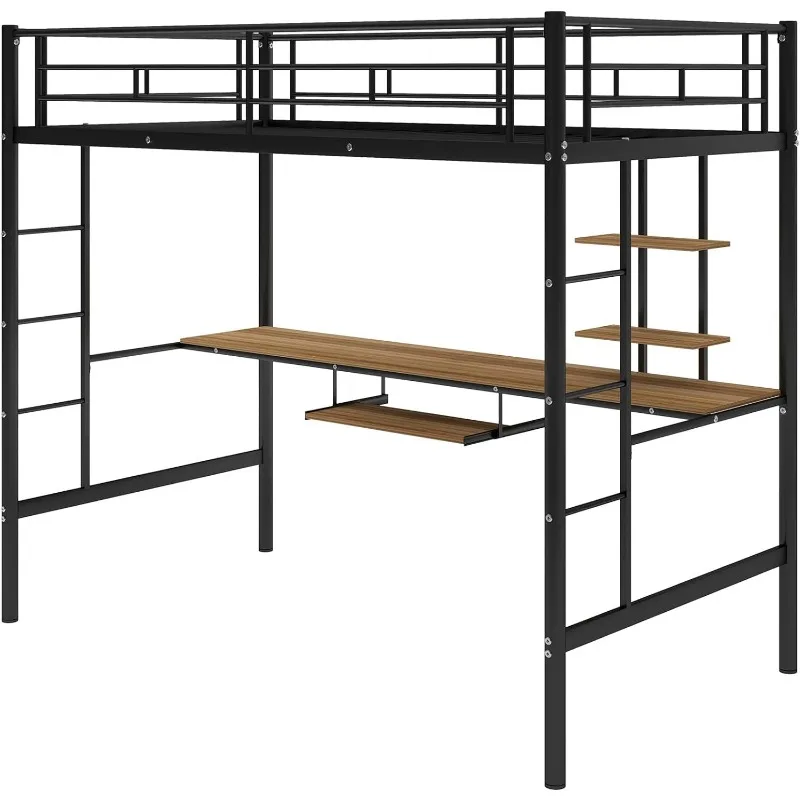 Metal Loft Bed Studio Loft Bunk Bed Over Desk and Bookcase with 2 Ladders and Keyboard Tray,Twin Loft Bed for Dorm