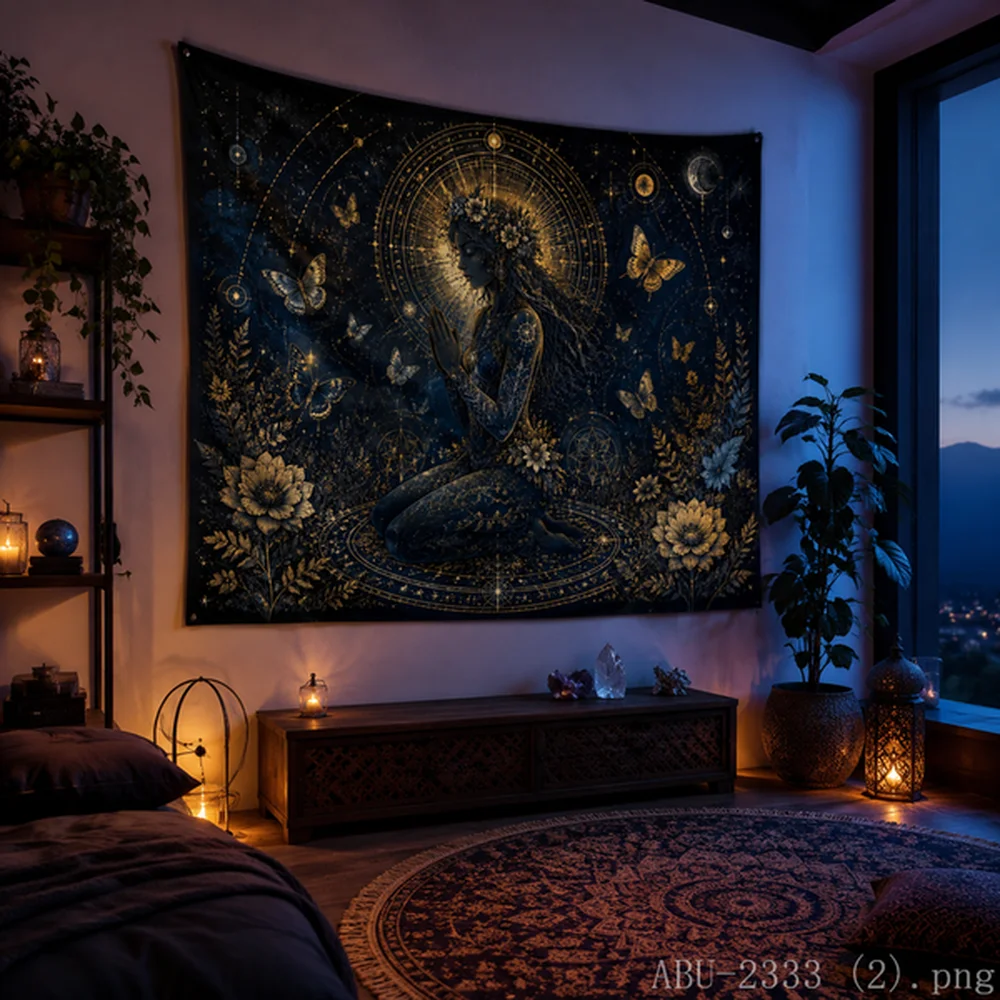 VIKAMA Mystical Space Meditation Tapestry Gold Galaxy Starry Wall Hanging Zen Home Decor