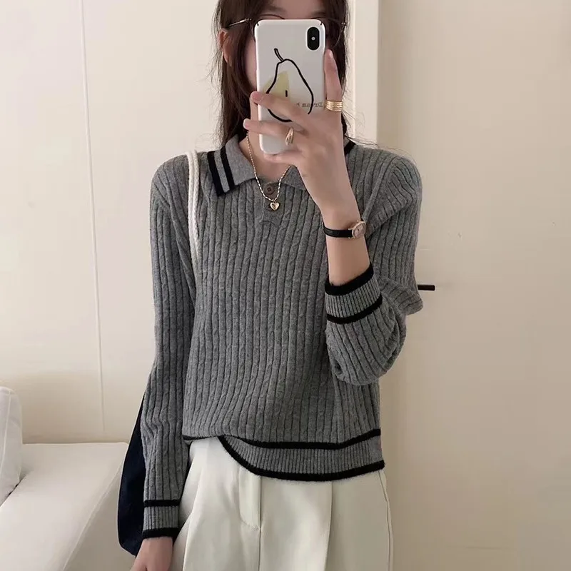 Polo Collar Knitted Sweater Women Slim Contrast Color Long Sleeve Bottoming Top