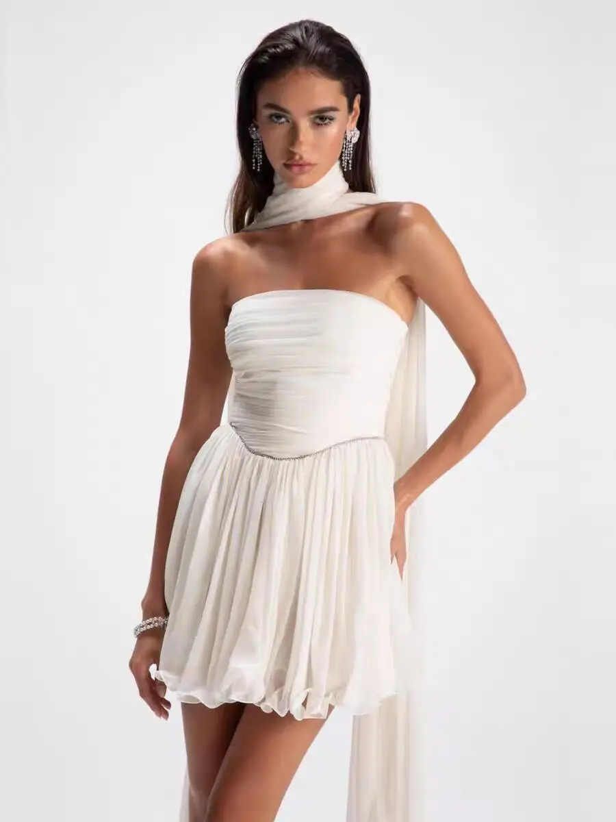 

2024 New White Lightweight Draped Sling Evening Dr Women's Diamond Decorated Birthday Par Daily Sle Korean Version