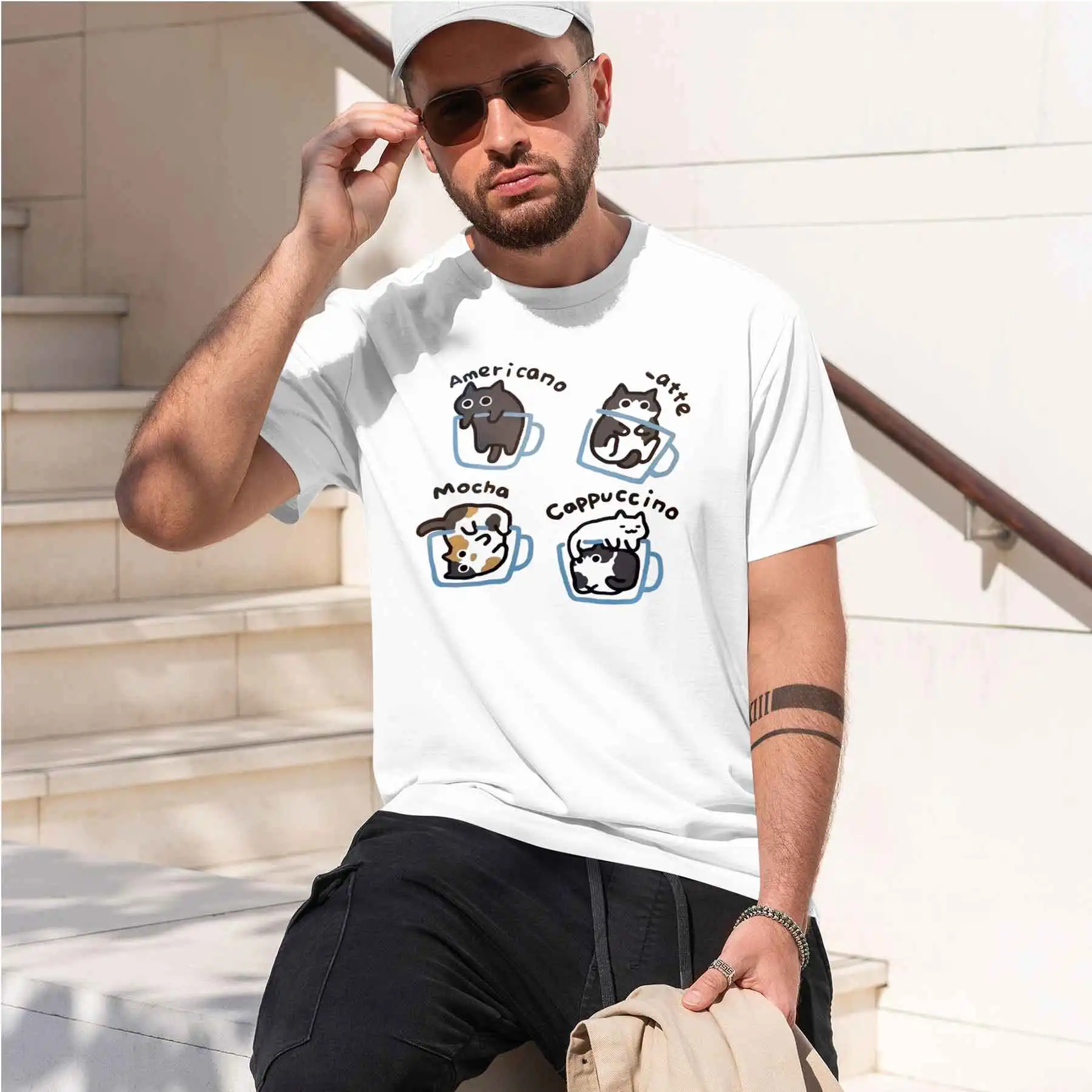 new printed T-shirt printed with  Men's Casual Short Sleeve T-shirt with Fun Americano Latte Mocha Cappuccino Cat Cup Print