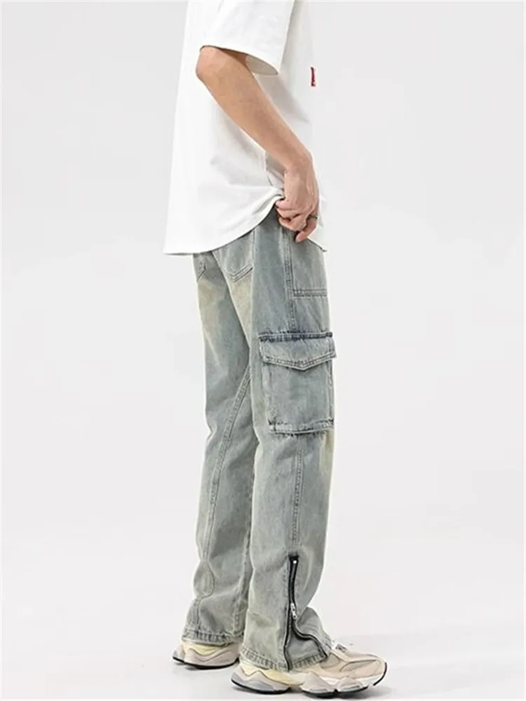 Modder Gele Jeans Voor Mannen Y 2K Effen Kleur Overalls Met Knopen Multi-Pocket Rits Om Oude Broek Los Te Maken A148