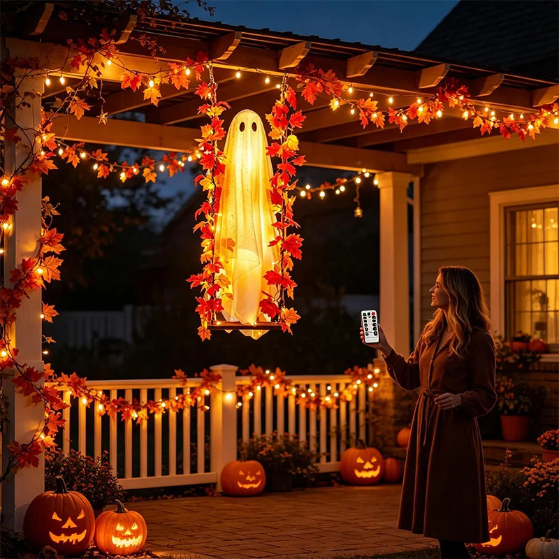 Large Maple Leaf Swing Ghost Lighted Hanging Ornament With Remote Control Halloween Party Front Porch Yard Garden Hanging Decor