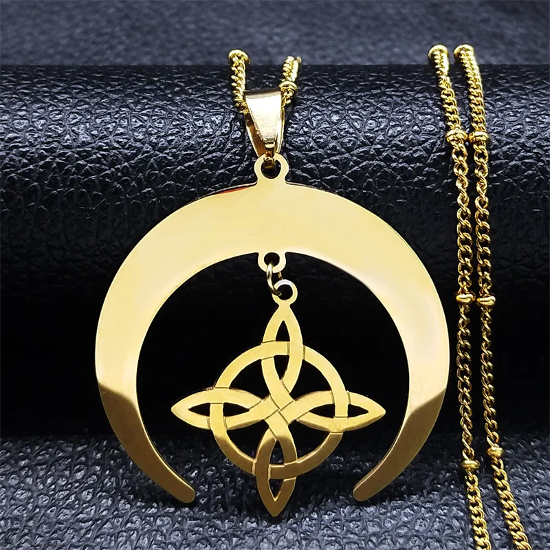 Hexenknoten-Halskette, Wicca-Halbmond, Keltischer Knoten, Edelstahl-Amulett-Halskette für Damen und Herren, Schmuck – Detail 8