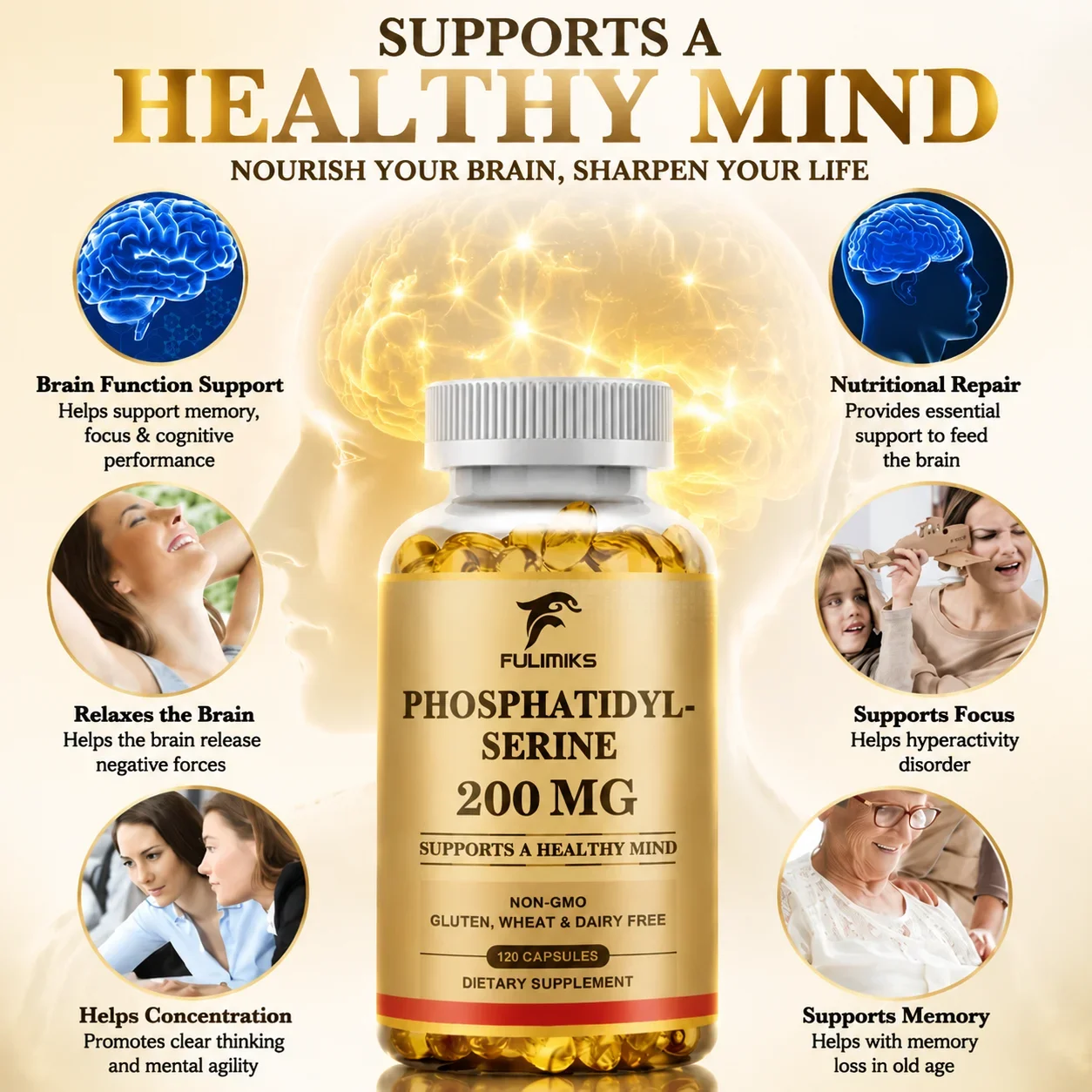 Phosphatidylserine 200mg Capsules, Support Memory Concentration Cognitive Function, Relieve Mental Stress & Nourish Brain Health
