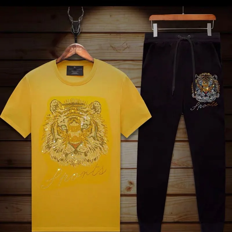 Men's Clothing Summer high quality Casual Sports suit Short-sleeved Trousers Gold Stamping Ice Silk Two-piece Set