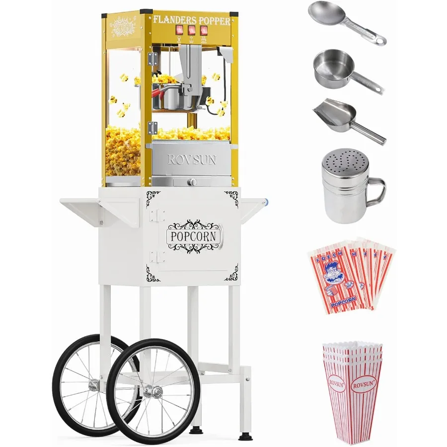 Máquina de palomitas de maíz con ruedas de carro, hervidor de 8 onzas que hace hasta 32 tazas, máquina para hacer palomitas de maíz con cuchara para aceite, 3 tazas de palomitas de maíz M