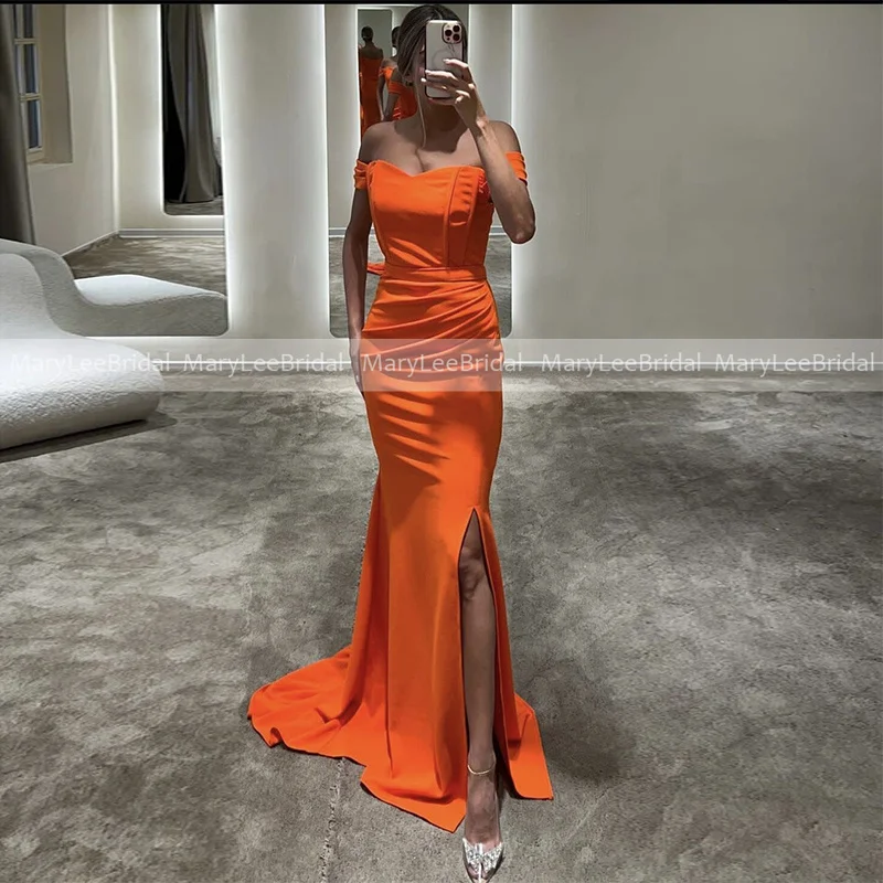 

Off the Shoulder Orange Bridesmaid Dresses with Slit Vestidos Mermaid Long Ruched Crepe Wedding Party Dress robes de soirée