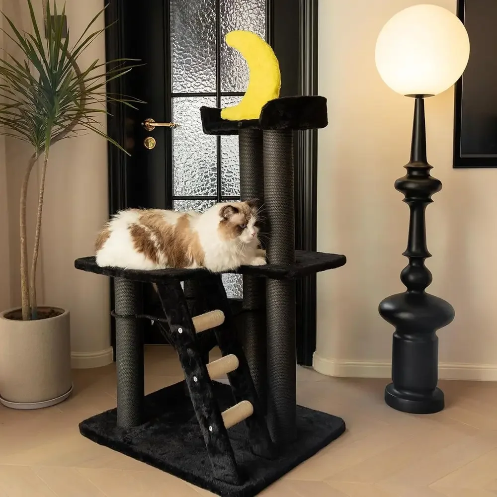 Gothic-Style Cat Tree with Private Basket Bed, Sisal Scratch Post, Climbing Ladder, and Hanging Bat Toy for Multi-Level Play
