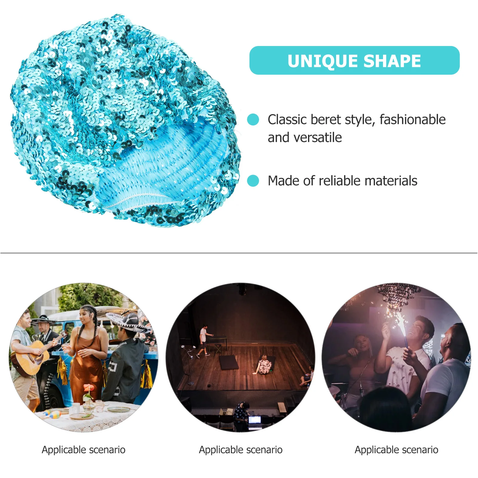 

Sparkling Sequin Beret Hat Lake Blue Breathable Comfortable Long Wear Shiny Party Stage Performance Women Hats Caps