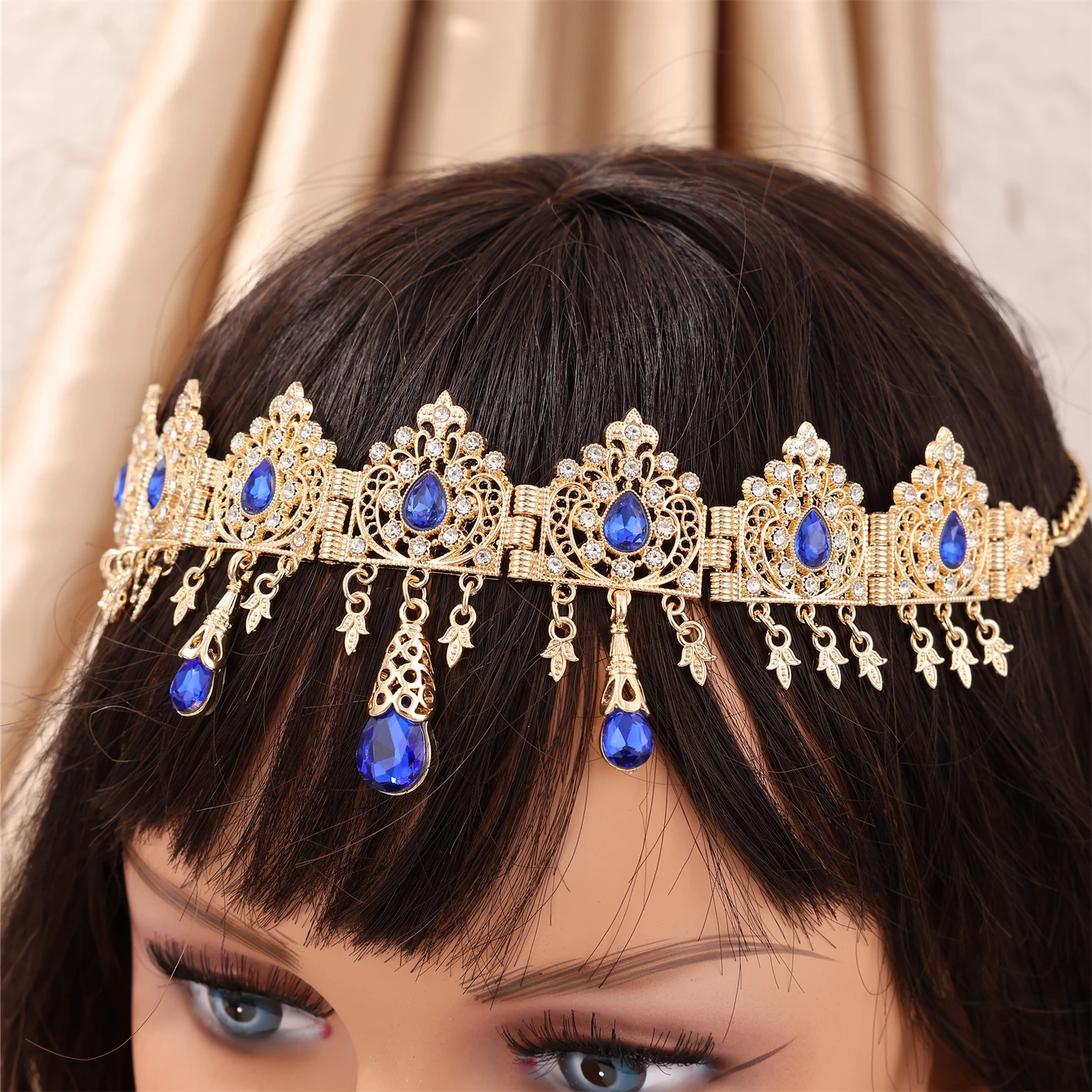Turkish Wedding Head Piece Gold Color Hair Accessories For Women Wedding Rhinestone Hair Accessories For Moroccan Bride Necklace