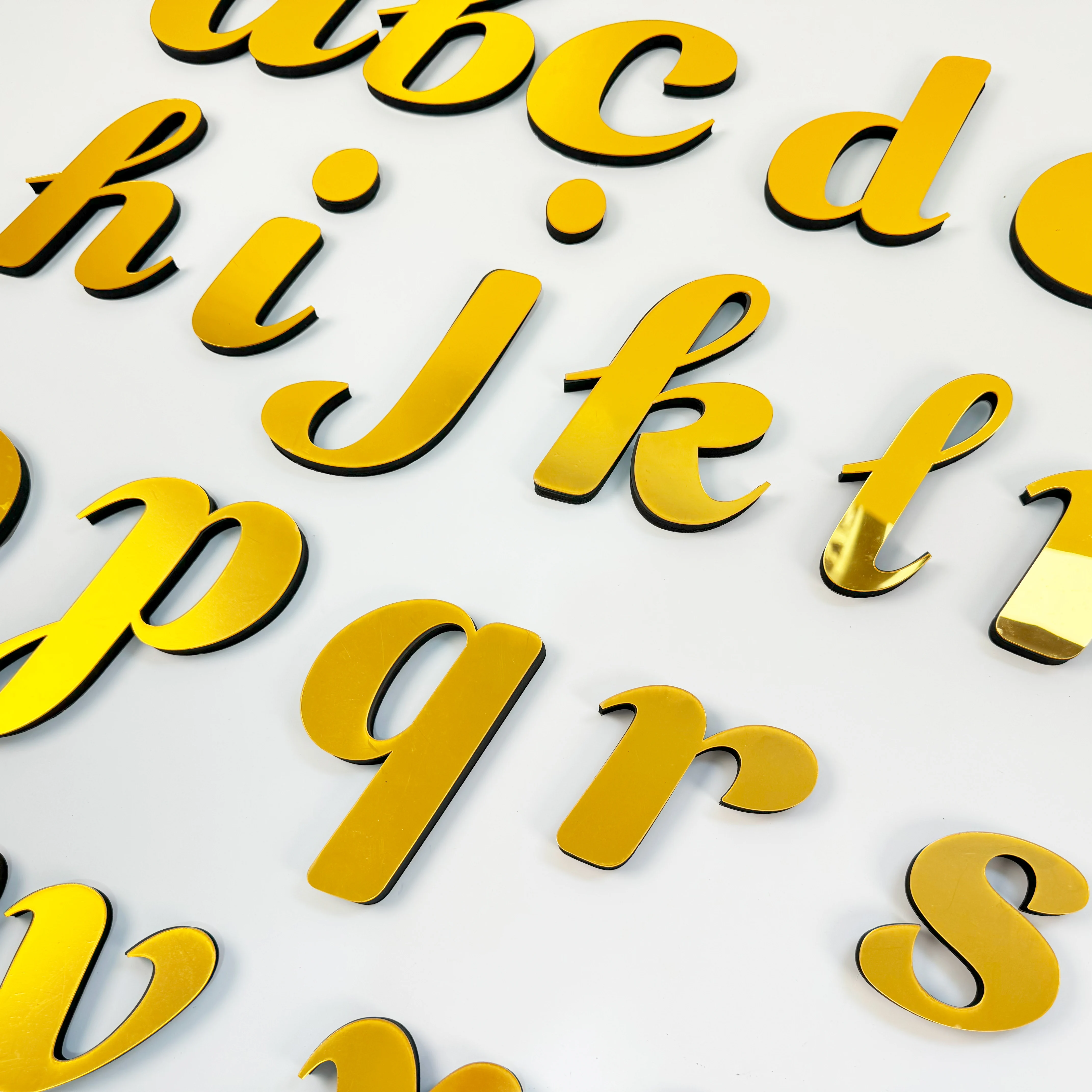 Lowercase Gold 3D Acrylic Mirror Surface Artistic Font English Letters Wall Sticker Peel & Stick Home Decor Alphabet Art Decals