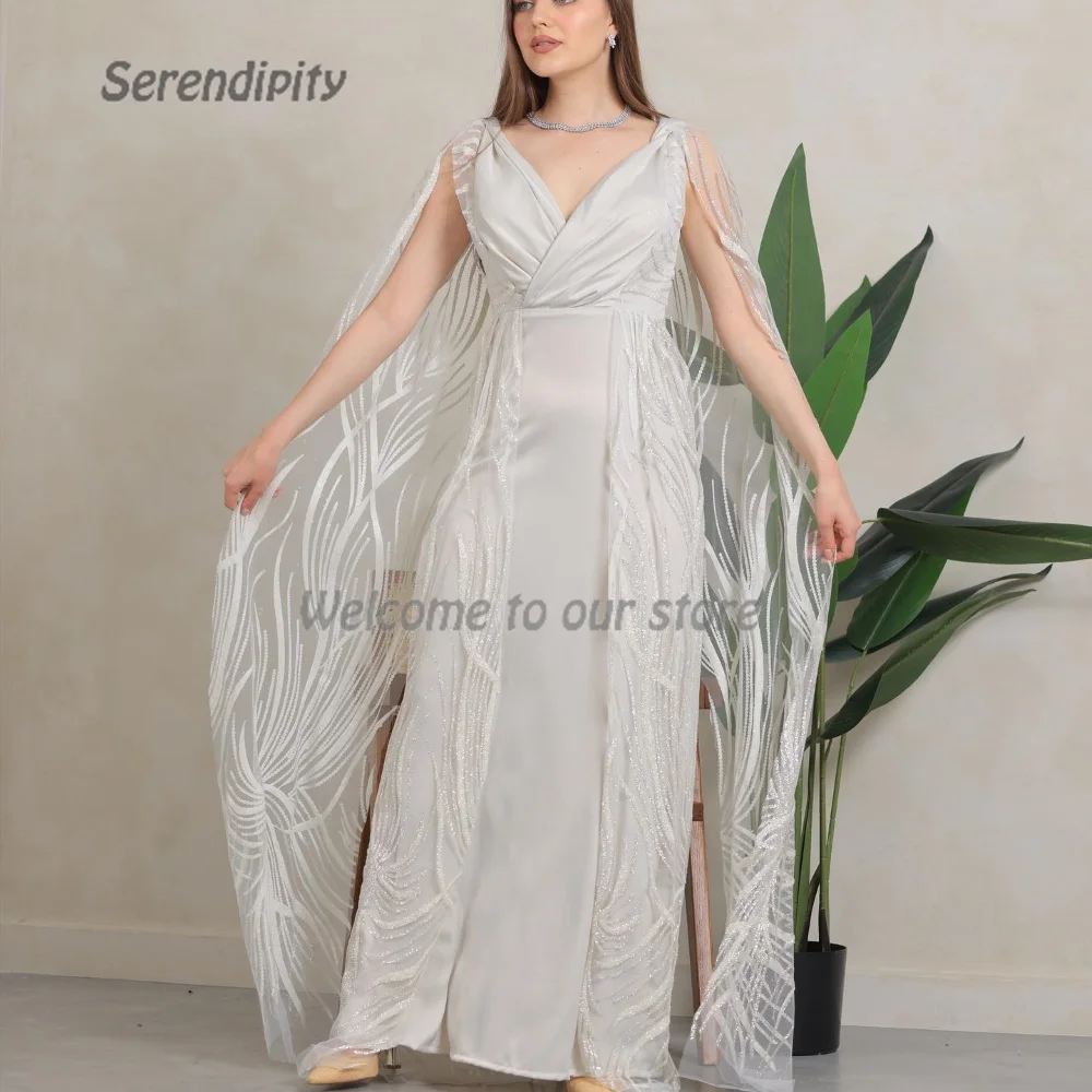 

Serendipity A-Line Luxury Evening Dresses V-Neck Exquisite Lace Sequined Shawl Saudi Arabia Prom Party Gown For Women 2024