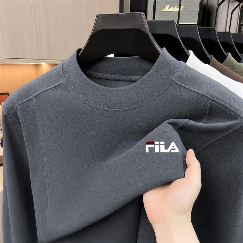 Designer Brand Men's Mock Neck Print T-Shirt Skin Friendly Solid Color Long Autumn Sleeve Base Top Stylish Versatile Men's Wear