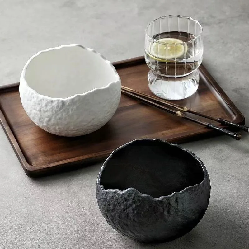Irregular Wavy Edge Ceramic Bowl Hand Hammered Texture Rough Stoneware Salad Snack Fruit Home Restaurant Table Decor
