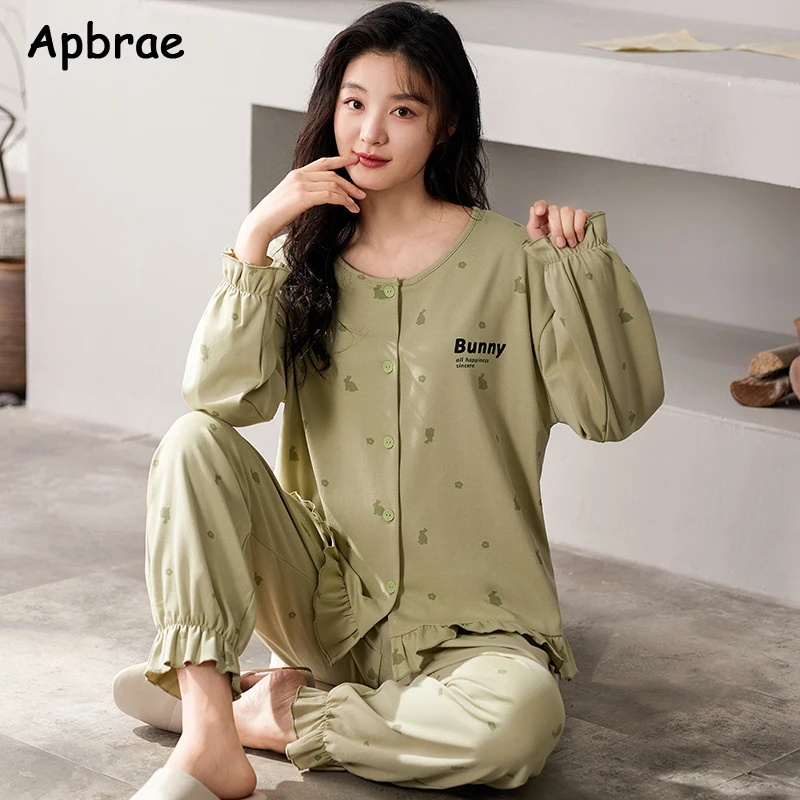 Women Cotton Pajama Sets Autumn Winter Long Sleeves Long Pants Pajamas Cute Ruffled Cuff Homewear Woman Cardigan Sleepwear