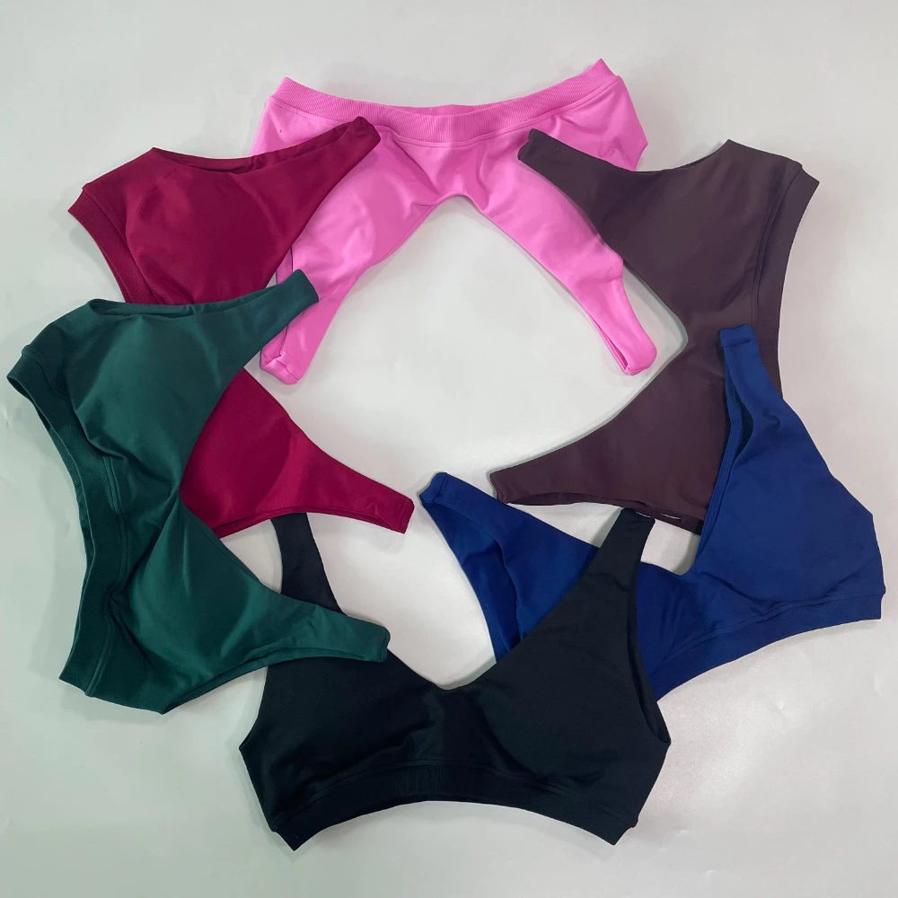 Damen Sport-BH mit rückenfreiem V-Ausschnitt, nahtloses Gym-Top, Workout-Yoga-Crop-Tanktop mit herausnehmbaren Polstern, hochelastischer Push-Up-BH – Detail 6