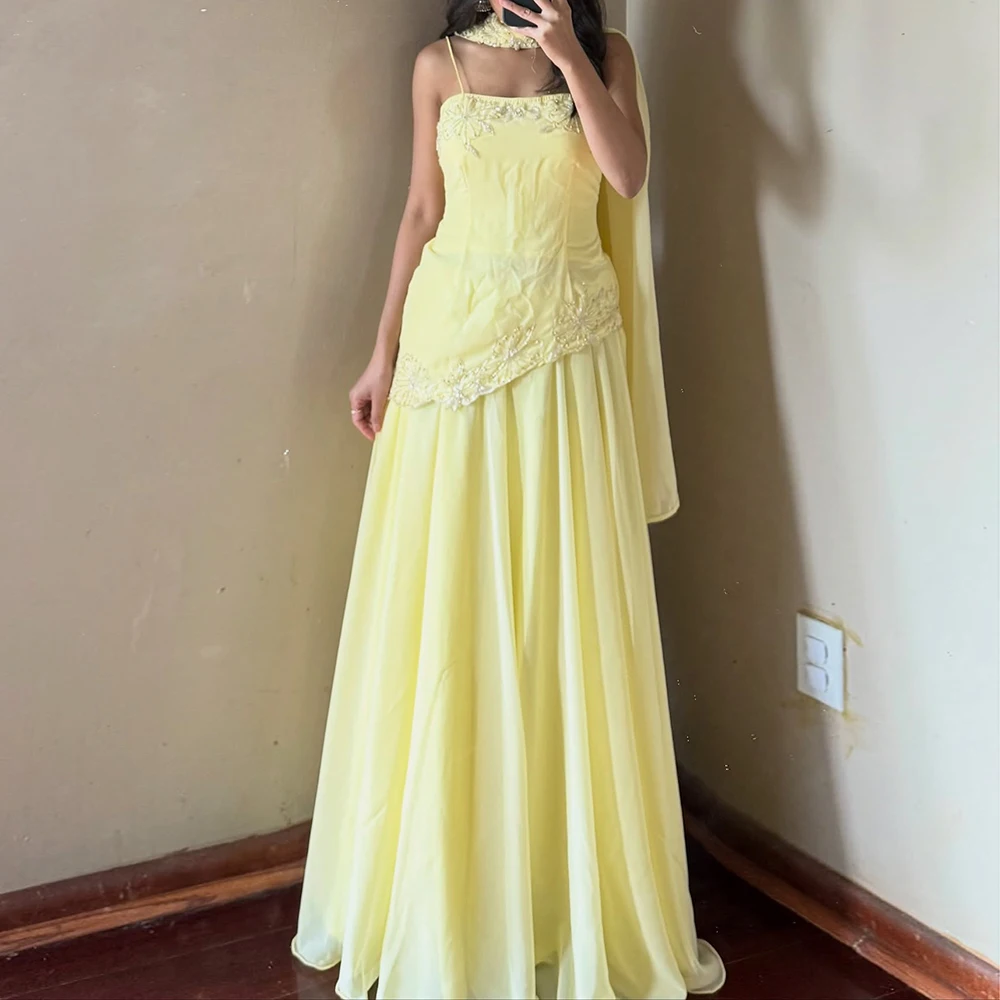 

Customized A-line Evening Dresses Floor-length Spaghetti Steap Sleeveless Prom Gown Fashion Sequined Stole Draped Party Gown