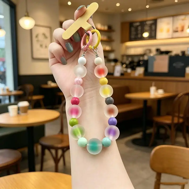Rainbow Frosted Jelly Bead Phone Lanyard Double Clasp Anti Lost Wrist Strap Cute Keychain Women