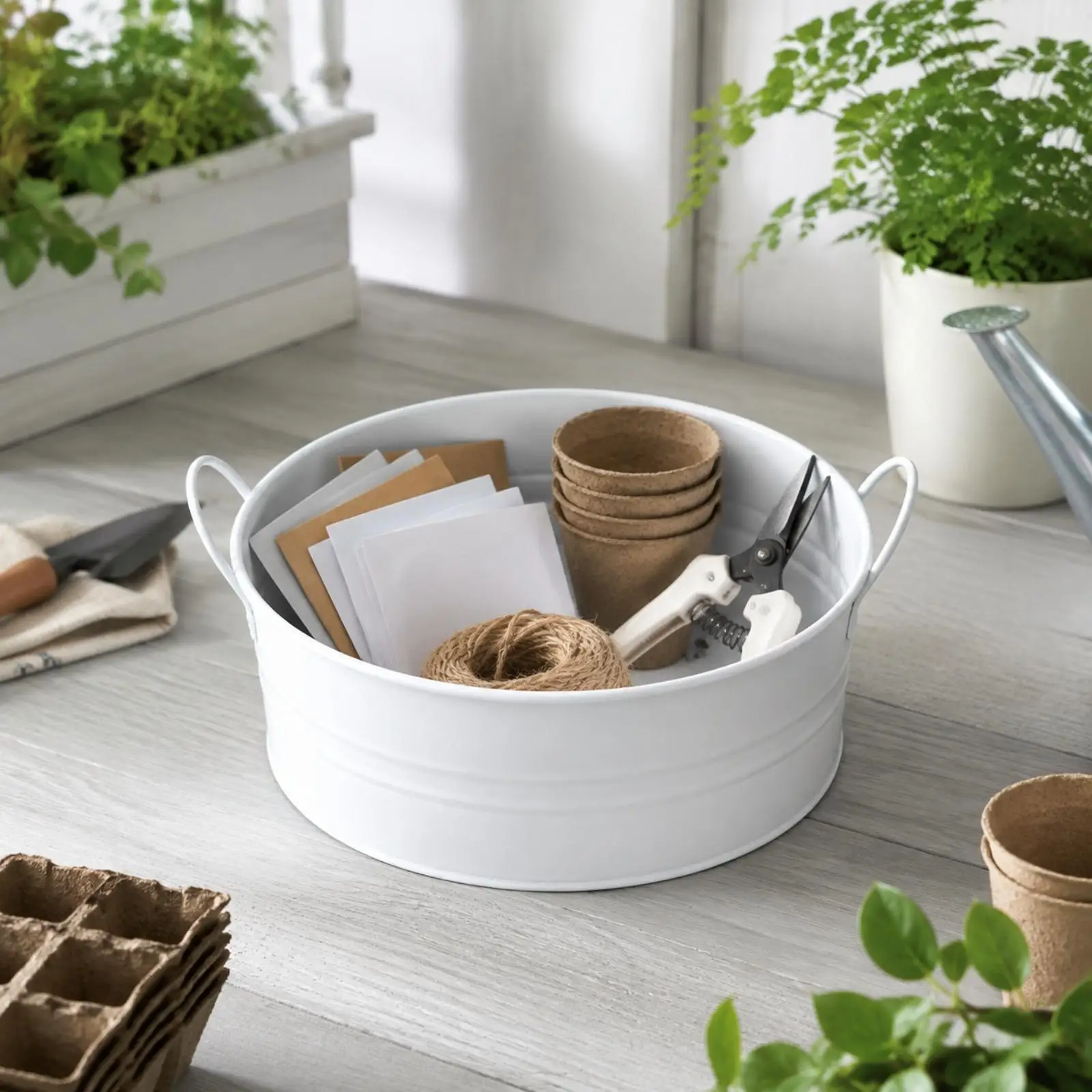 Shallow Tin Basin with Side Handles Low-Profile Round Metal Tub with Loop Handles Lightweight Round Tinplate Basin for Plant