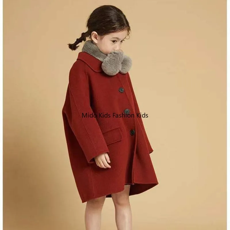 3-12Y Kids Double Faced Wool Coat Winter Thick Warm Long Trench Jacket Korean Style Fashion Girl Outerwear 100-160cm