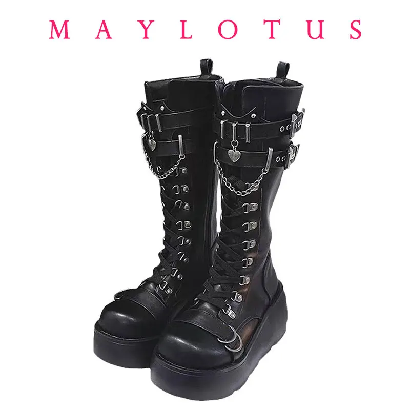 

Girls Winter Motorcycle Boots Platform Boots for Women Wedges Knee High Black Lace Up Fashion Goth Gothic Boots Punk Shoes
