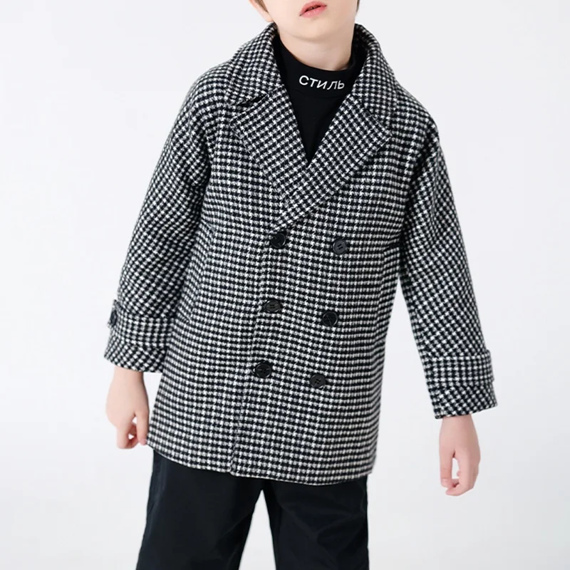 Houndstooth Vintage Double-Breasted Formal Long Coat Jacket for Children Wedding Attire Suitable for Kids