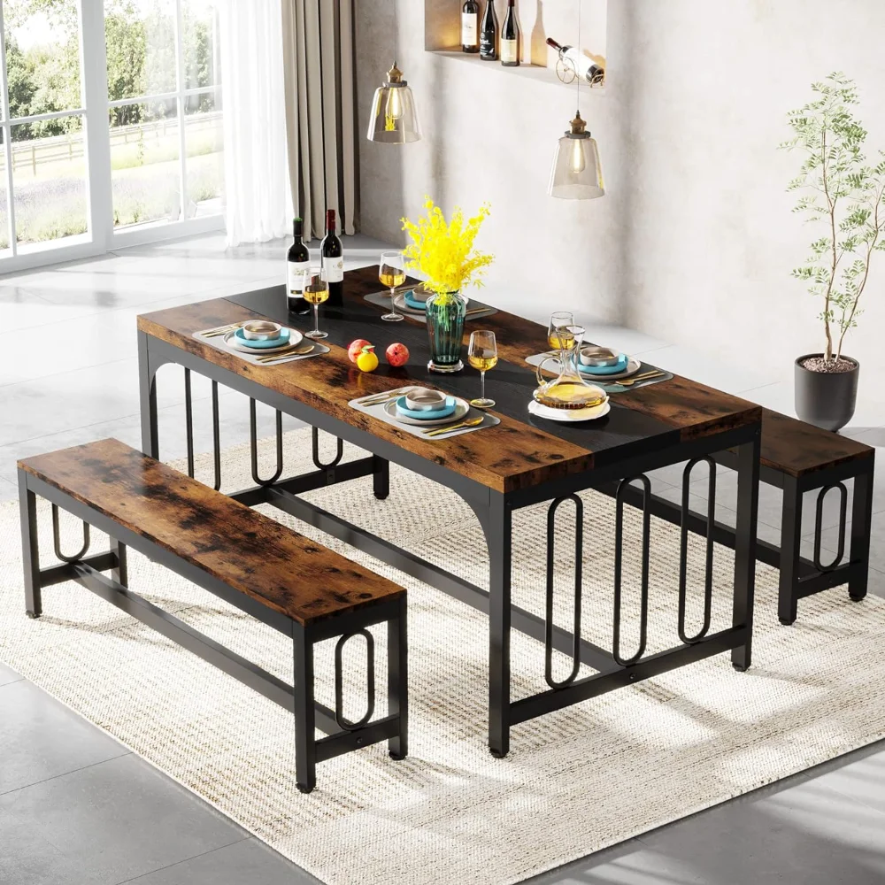 

Tribesigns 55 Inch Dining Table Set for 4-6, 3-Piece Kitchen Table with 2 Benches, Space-Saving Dining Room