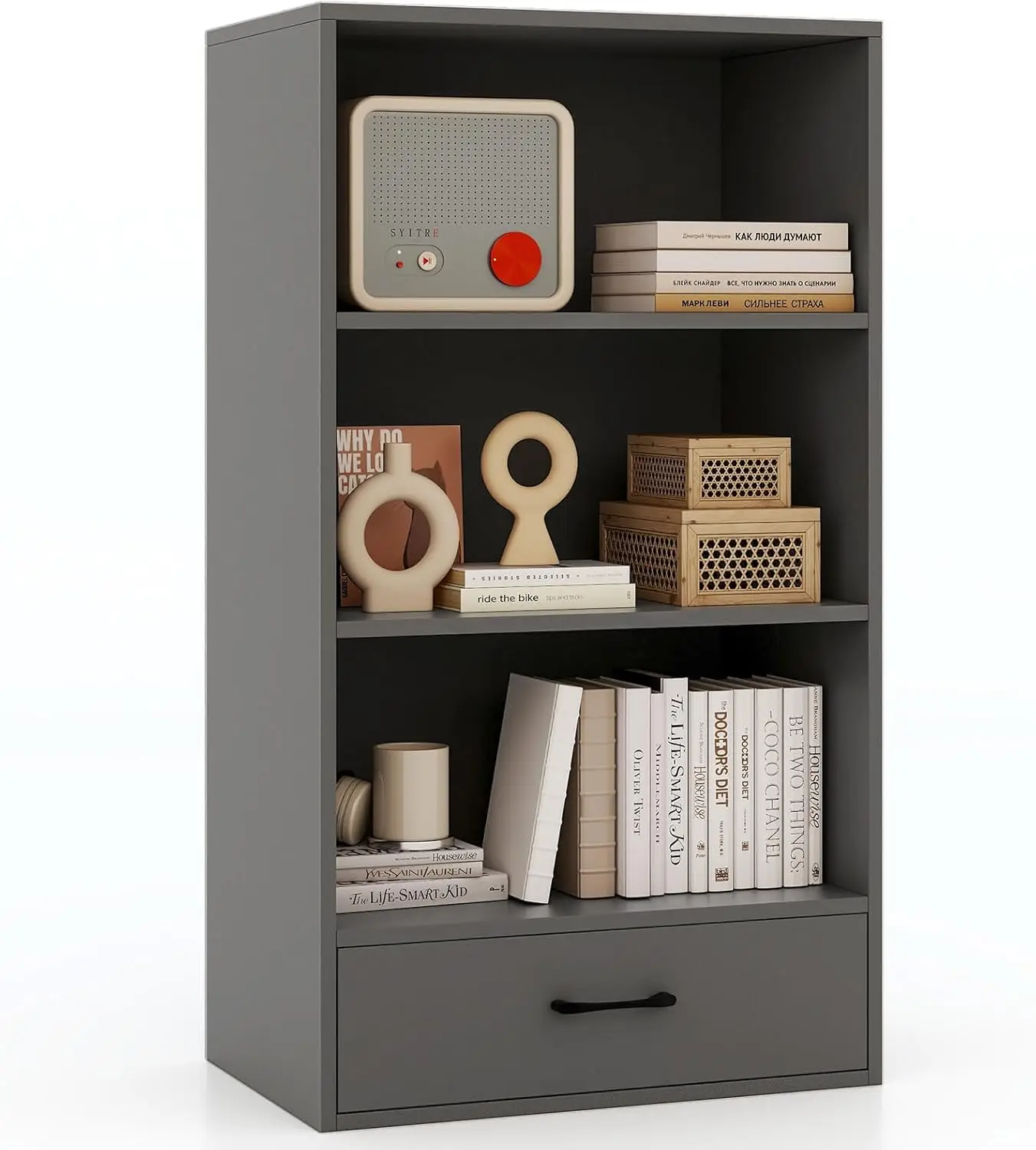 

3 Tier Bookcase with Drawer, 42.5”Tall Freestanding Bookshelf with 3 Open Shelves & 1 Drawer, Anti-toppling Devices, Mo
