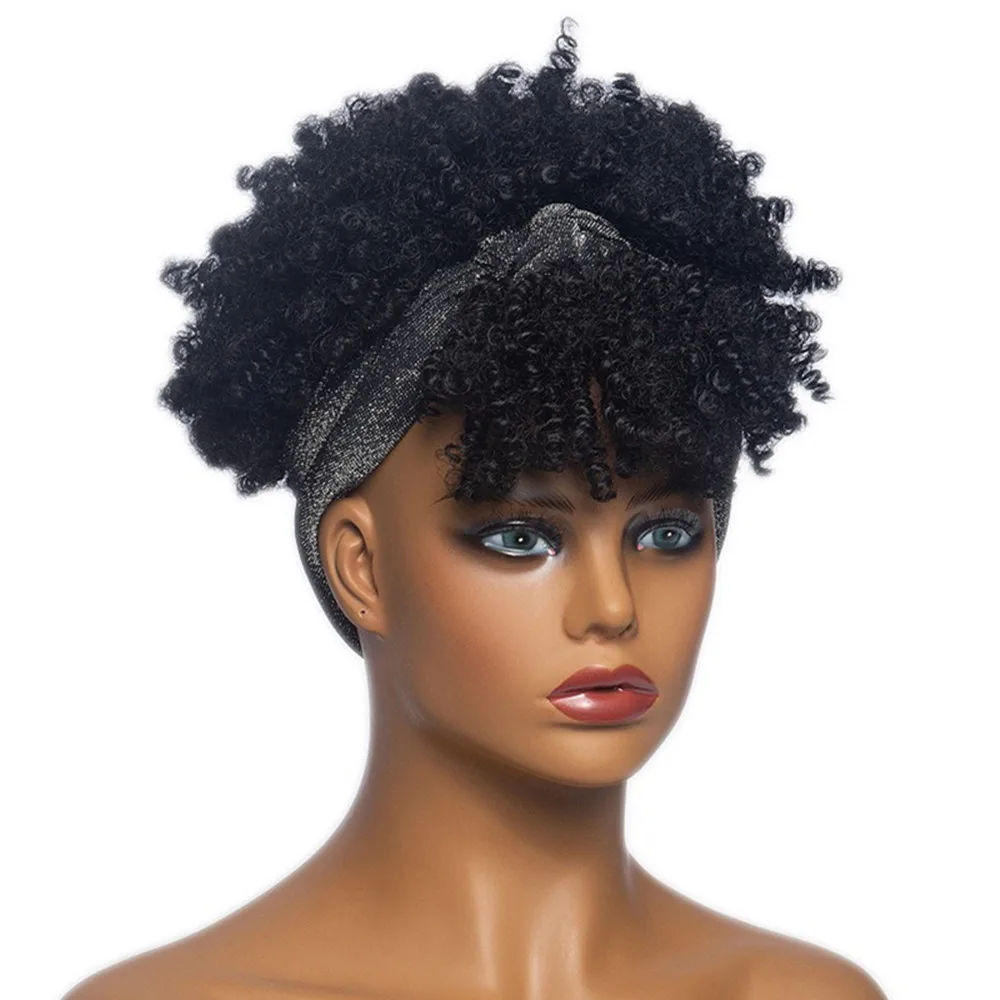 Synthetic Hair Short Kinky Curly Headband Wigs For Black Women With Scarf Afro Curly Headband Wig With Bangs Cosplay Daily Use