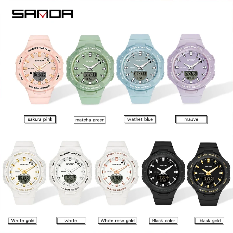 Sanda ساعة كوارتز عادية للنساء على شكل g ، ساعات معصم رياضية مقاومة للماء ، وقت مزدوج ، ساعة بيضاء ، موضة ، 6005