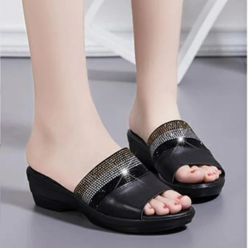 

2025 Genuine Leather Wedge Slippers Summer Fashion Platform Shoes Large Soft Bottom Women
