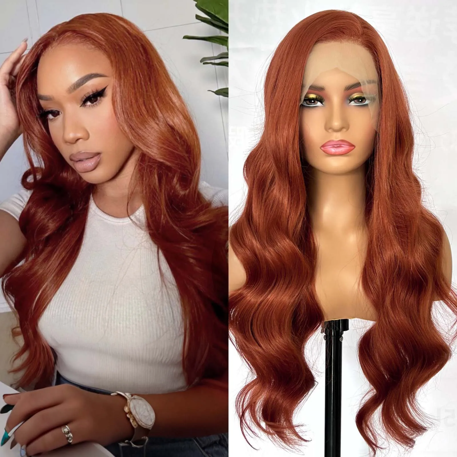 

Copper Red Synthetic Lace Front Wig Loose Body Wave Reddish Brown Long Curly Wavy Auburn Colored 13X4 Frontal Wigs for Women