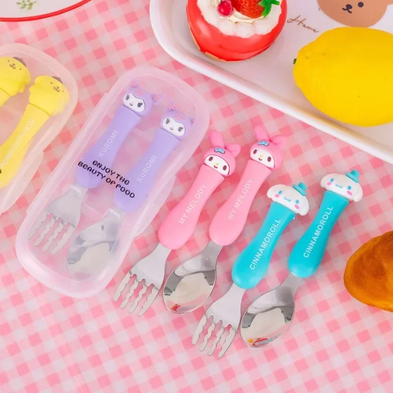 Kawaii Kuromi Hello Kitty MyMelody Set di stoviglie per bambini Anime sanios studenti forchetta portatile cucchiaio bacchette con scatola di immagazzinaggio