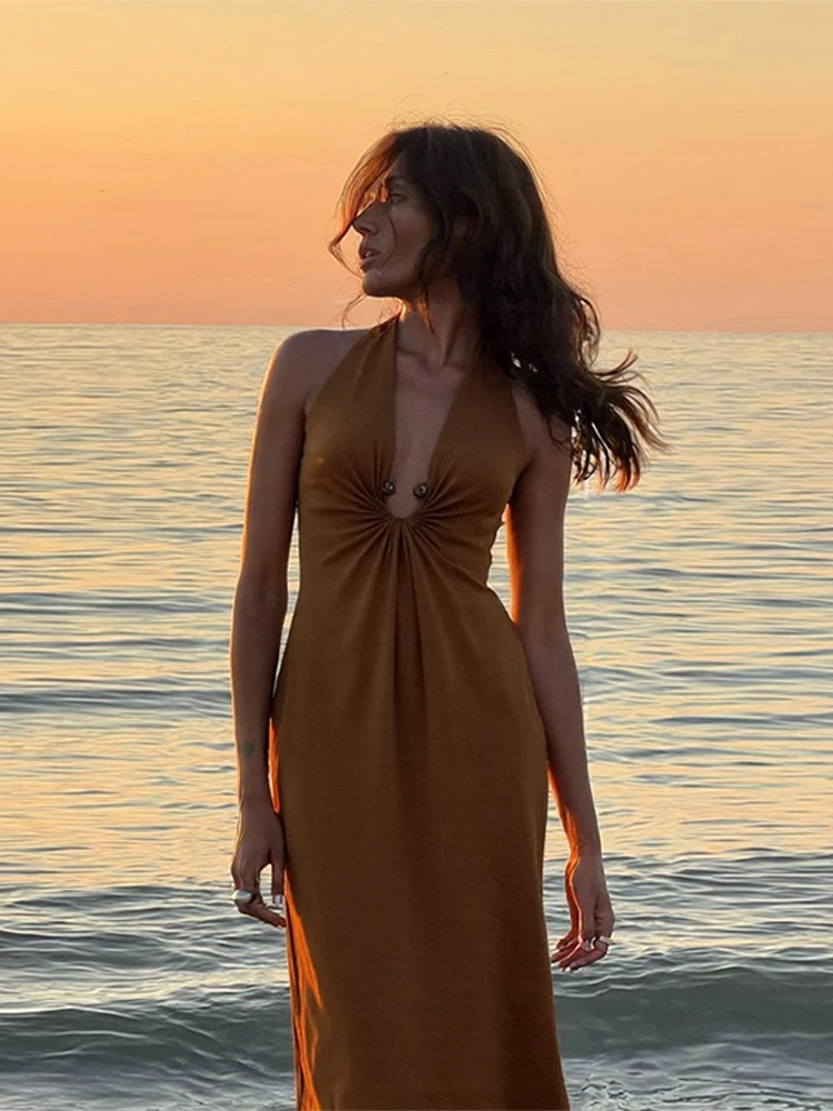 

Knitted Halter Hollow Out Maxi Dress Women Sexy Sleeveless Backless Lace Up Waist Cinching Pleat Beachwear Chic Ladies Vestidos