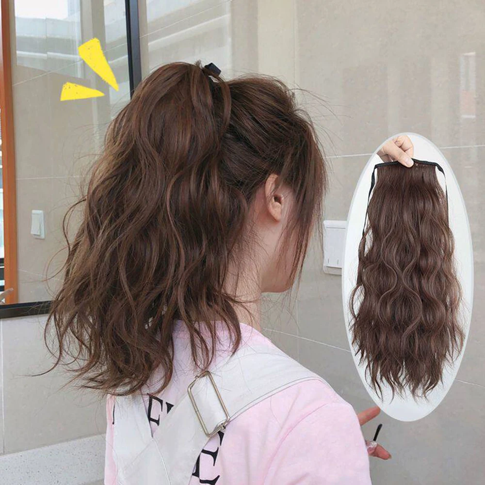 14Inch Synthetic Short Curly Ponytail Drawstring Around Clip in Ponytail Black Brown Hairpiece for Women