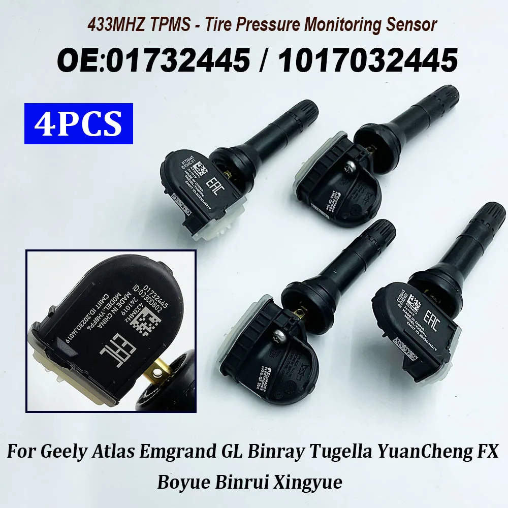 4PCS 01732445 1017032445 TPMS Tire Pressure Sensor 433MHz For Geely Tugella Xingyue 2019-2021 Atlas Pro Xingyue S 2019-2023