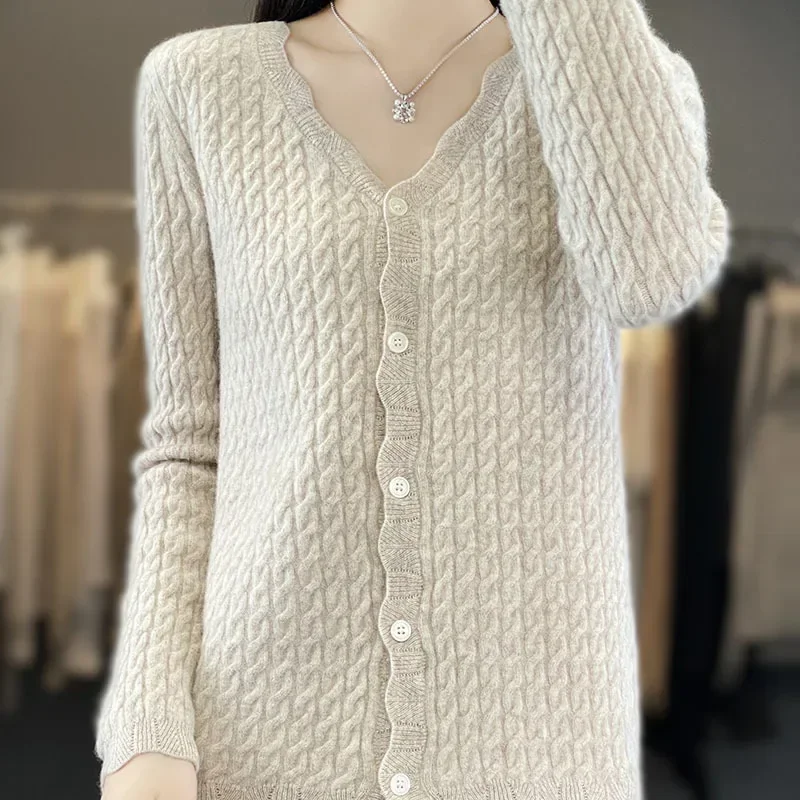 100% Austrilian Wool Women\' Autumn and Winter V-neck Twisted Wool Loose Fit High Stretch Sweater Knitted Sweater Cardigan