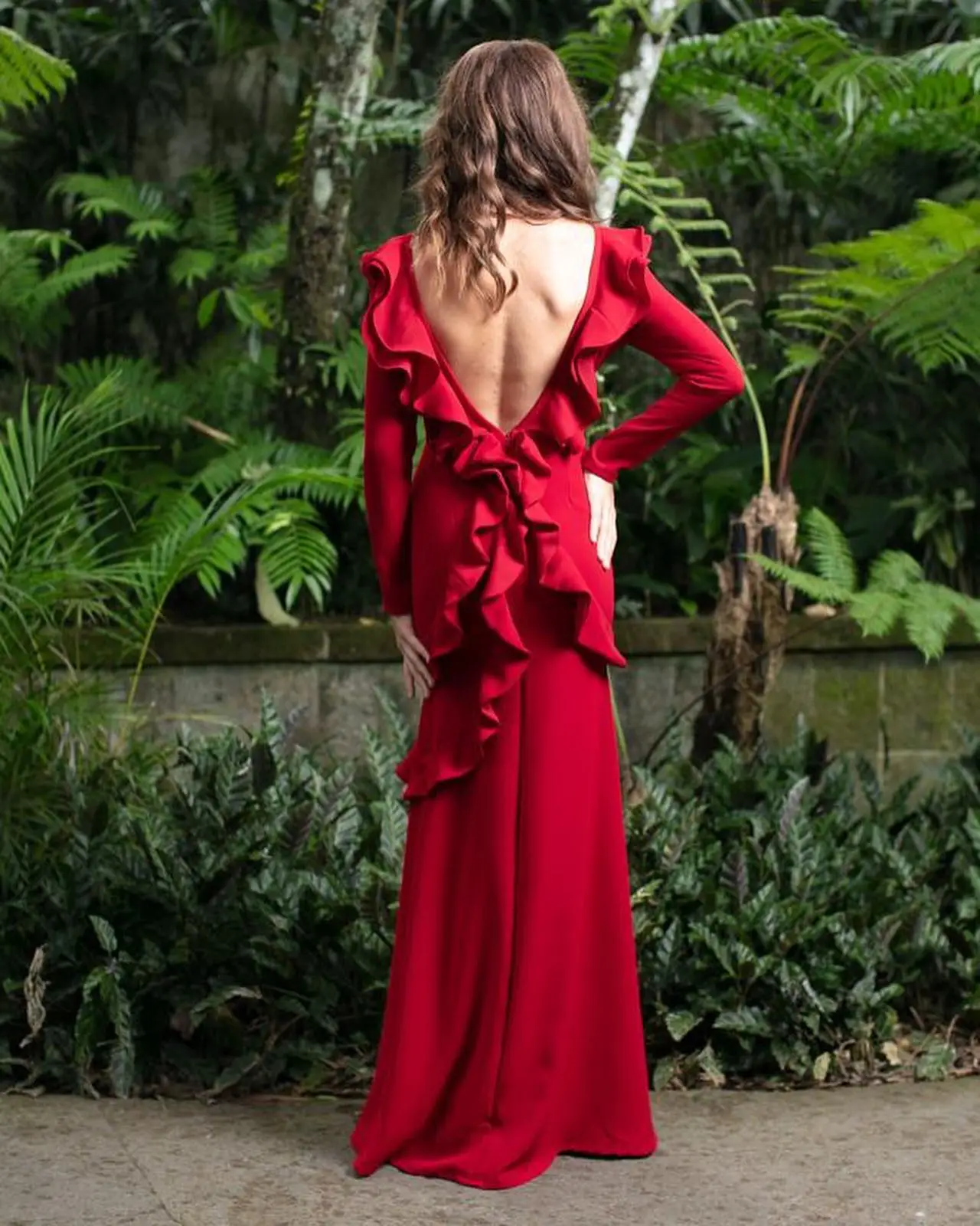 Customized Graceful Mermaid V-Neck Long Sleeves Ruffles Evening Dress Modern Backless Pleats Photo Color Vestido De Festa