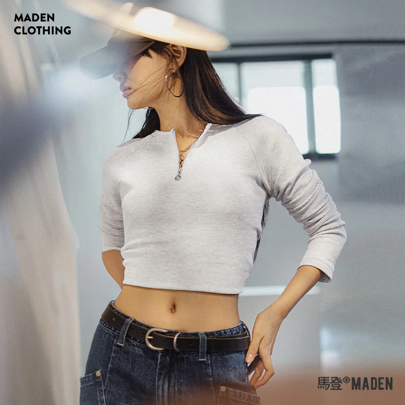 

Maden Half-Zip Waffle Shirt for Women Spring and Fall Season Long Sleeve T-Shirt Round Neck Inner Tops Female Cotton T-Shirts