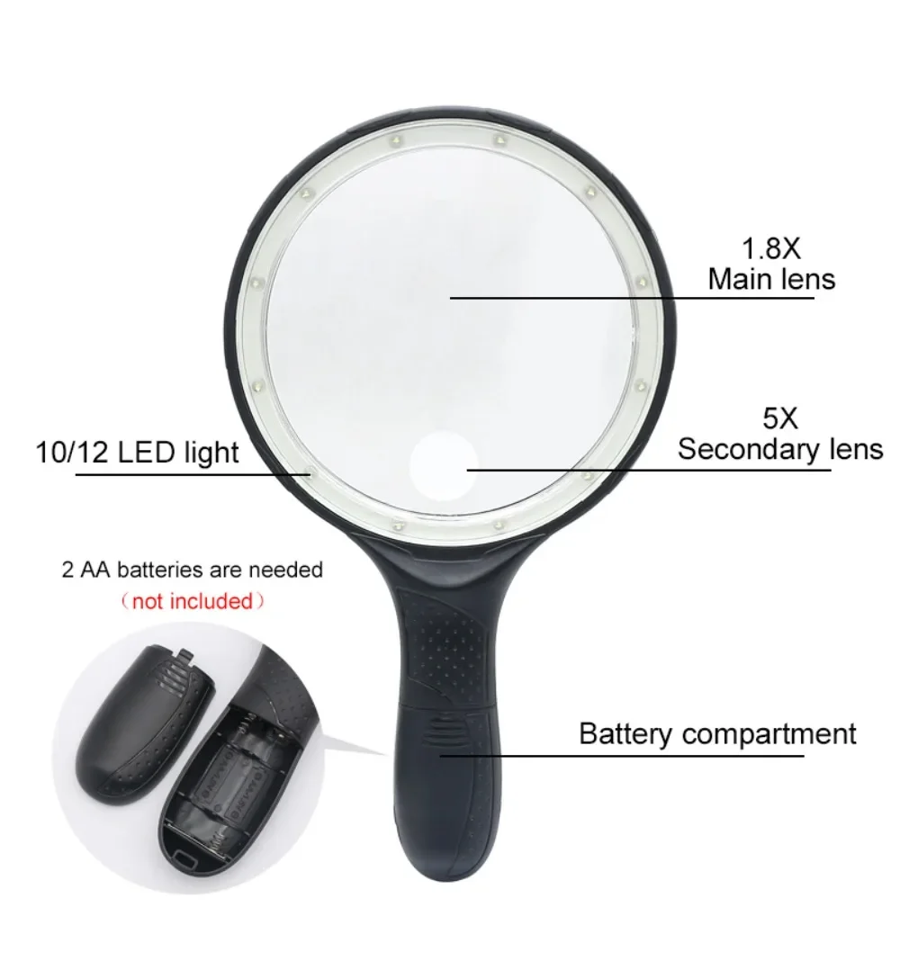 Hand-held magnifying glass 138mm large size hand-held 12 LED lamp anti-slip handle double magnifying glass, suitable for reading