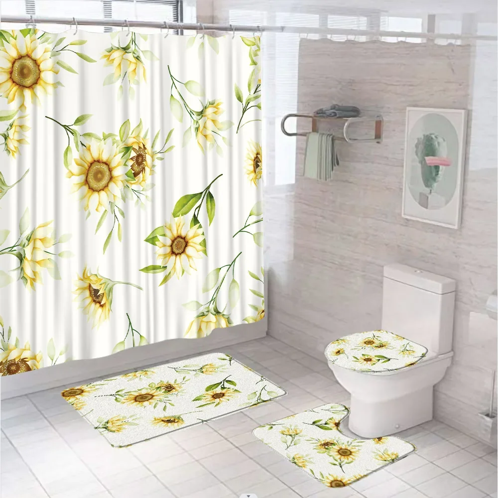 Autumn Sunflower Daisy Shower Curtain Set Blooming Flower Floral Leaves Bathroom Curtains Non-Slip Rug Bath Mat Lid Toilet Cover