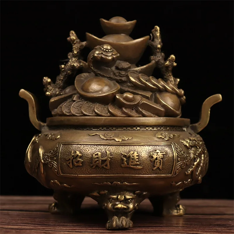 

Brass Antique Dragon And Phoenix Ingot Ruyi Incense Burner Cornucopia Decoration