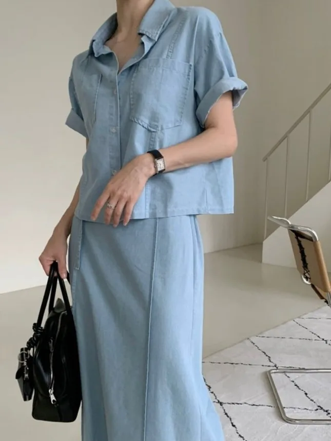 

Корейский модный джинсовый комплект, женская летняя винтажная утягивающая юбка с отложным воротником ort Sve irt и высокой талией