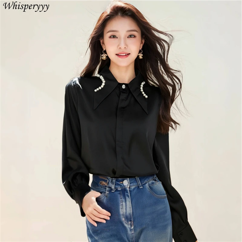 Fashion Pearl Collar Design Sense Shirt Woman Solid Color Long Sleeve Tops Casual Camisa Feminina Turn-down Collar Blouse